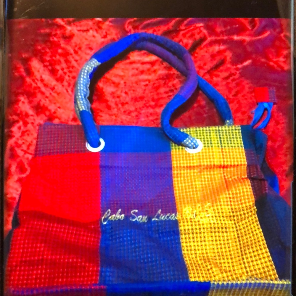 MOVING SALE NO HAGGLING WOMEN CABO SAN LUCAS BLUE YELLOW RED SQUARE TOTE BAG.